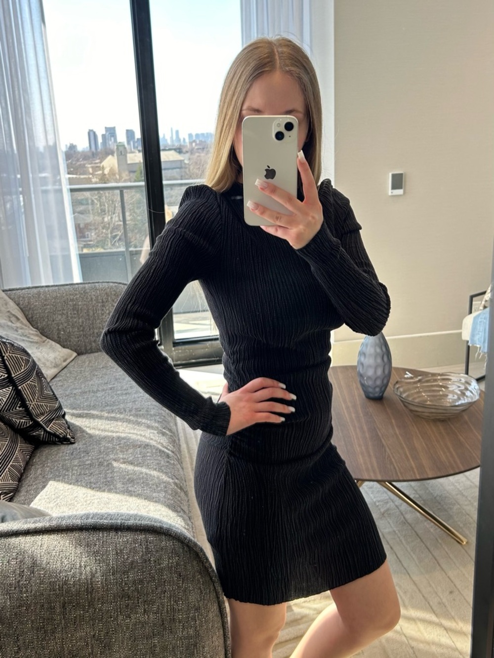 Zara Black Ribbed Long-Sleeve Bodycon Dress